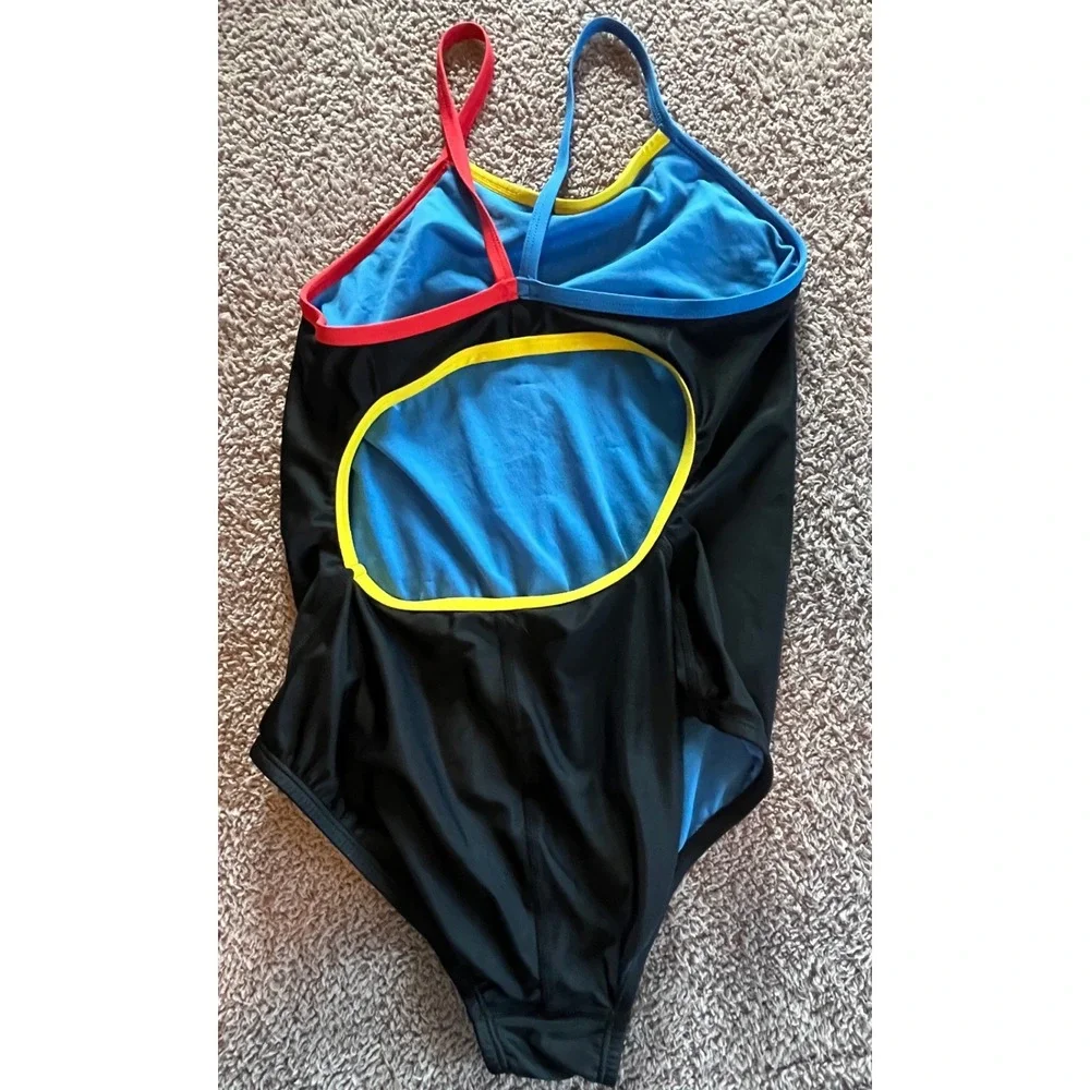 Speedo Girls Black One Piece Swimsuit Multicolor Straps Size 16 Athletic Swim